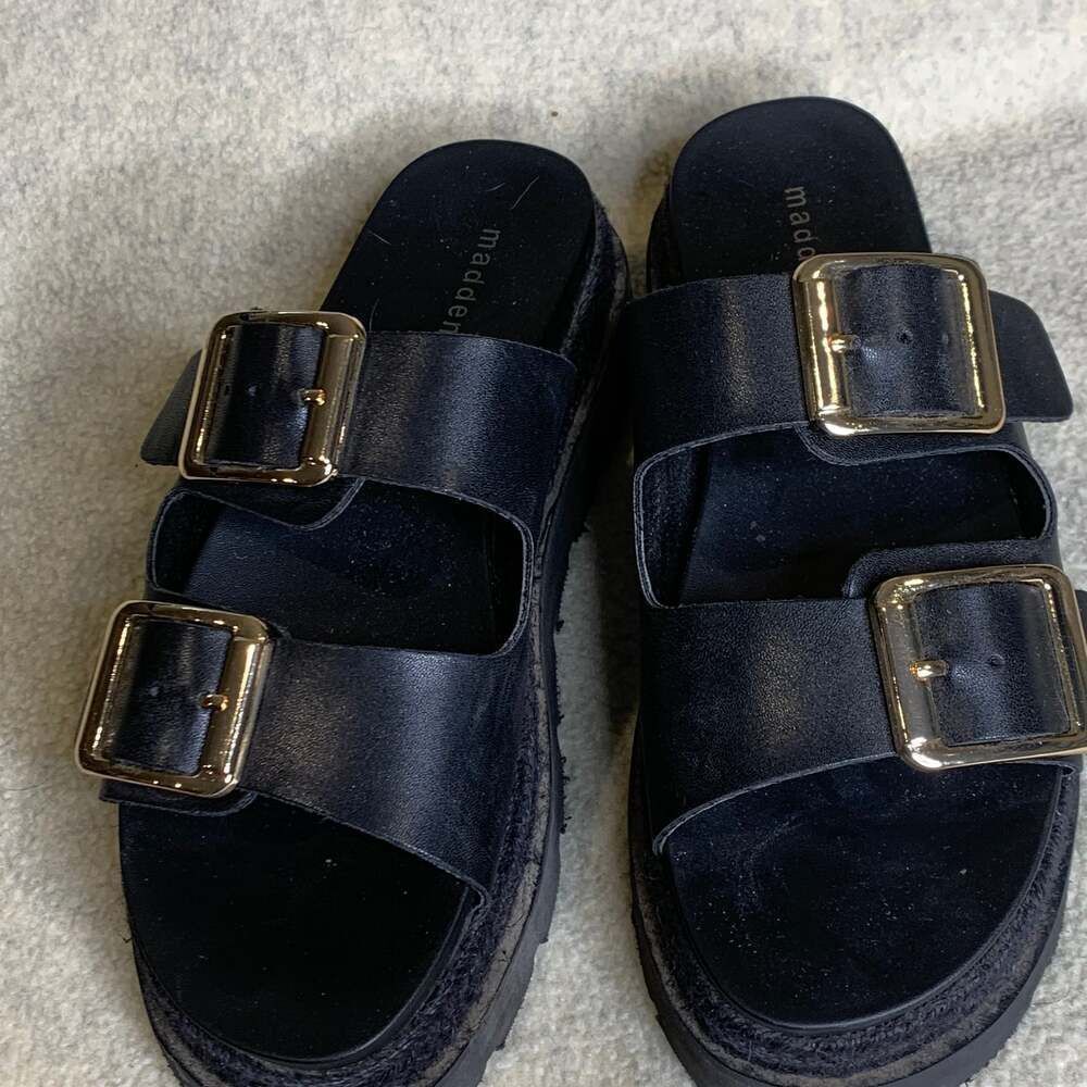 Madden Girl Women's Mythicall Black Double Buckle Flatform Slide Sandals